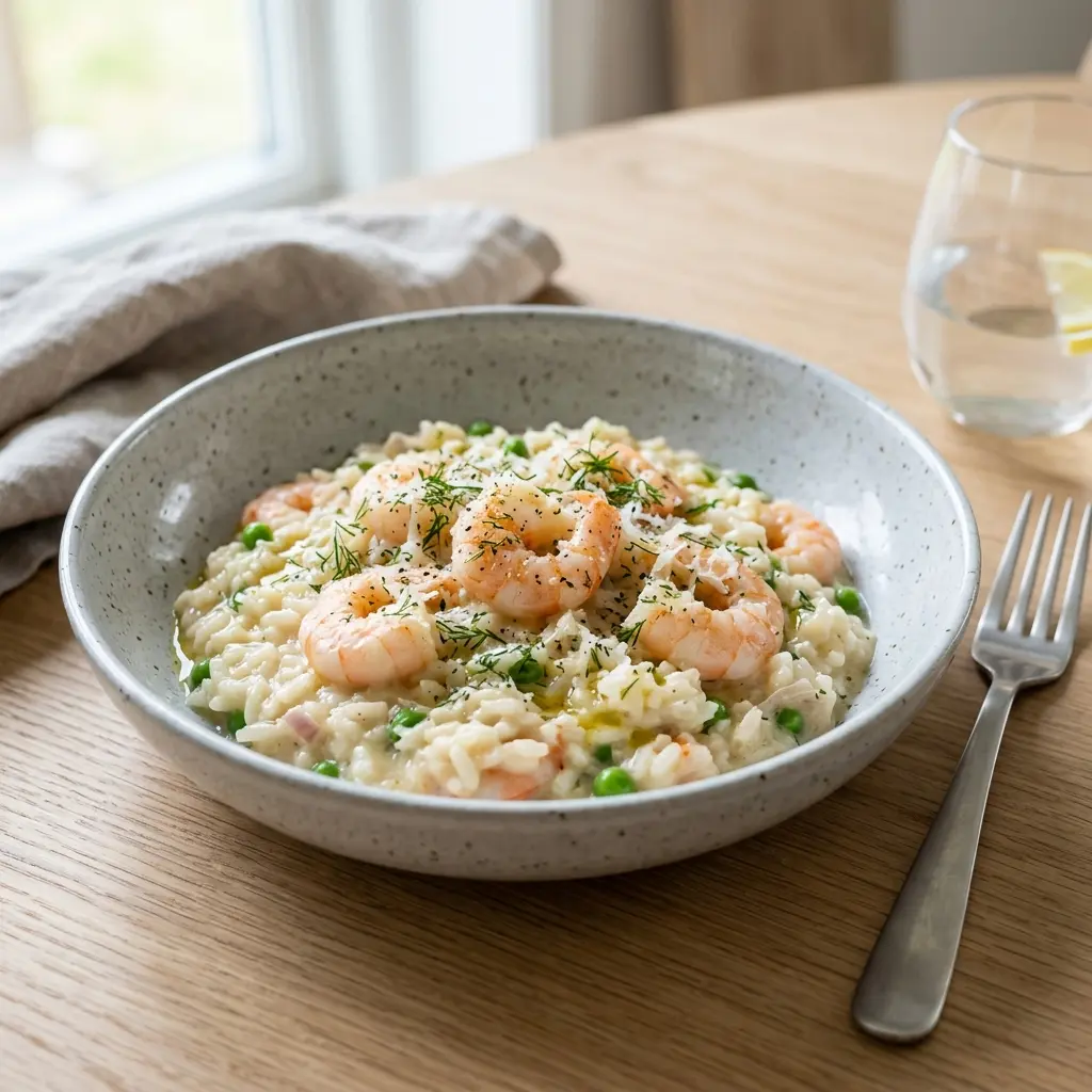 Risotto mit Garnelen fertig als Gericht serviert