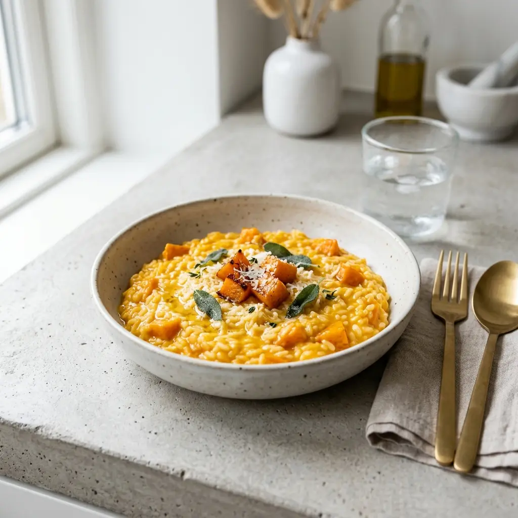 Risotto mit Kürbis fertig als Gericht serviert