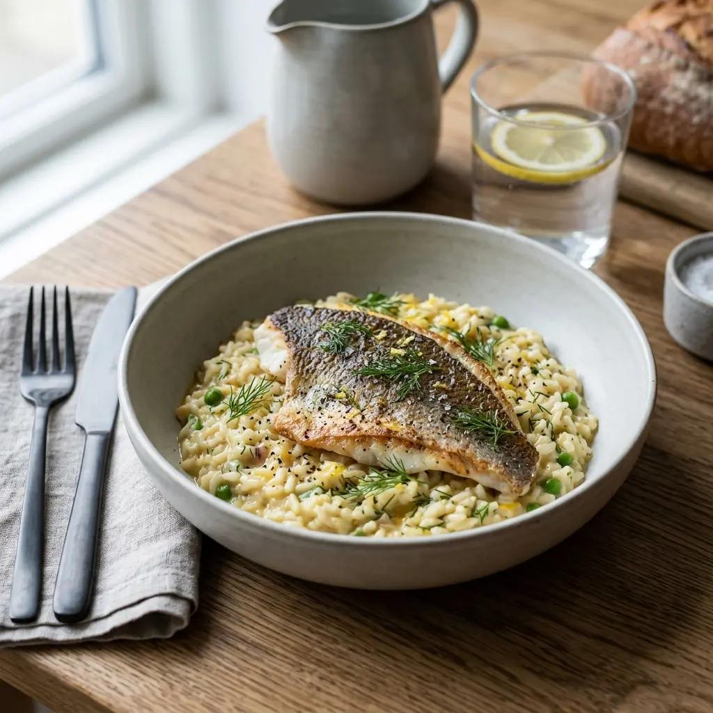 Risotto mit Scholle fertig als Gericht serviert