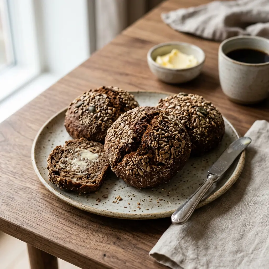 Serviervorschlag für Roggenbrötchen frisch und appetitlich angerichtet