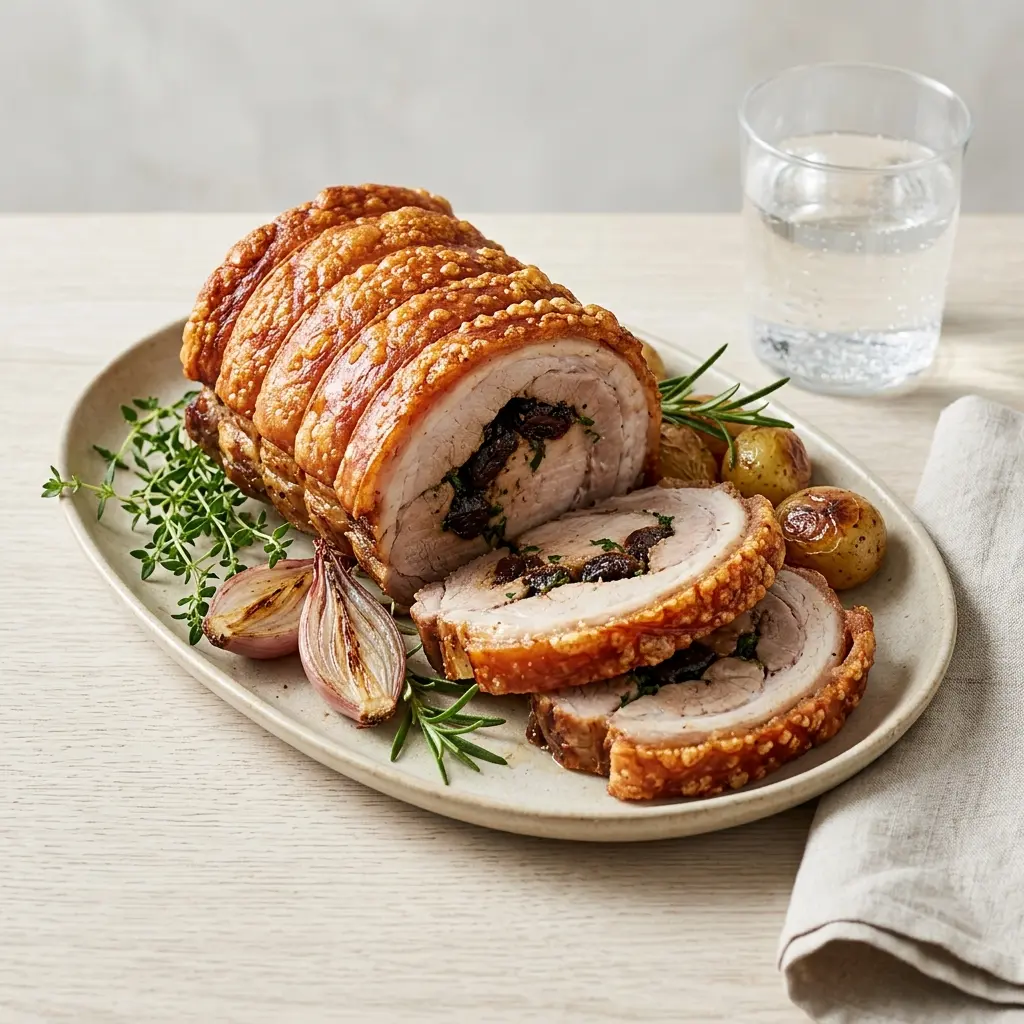 Rollbraten aus dem Ofen fertig als Gericht serviert