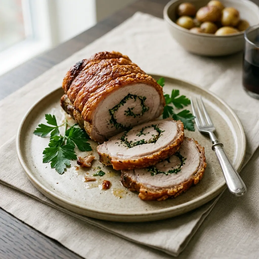 Rollbraten mit Petersilie fertig als Gericht serviert