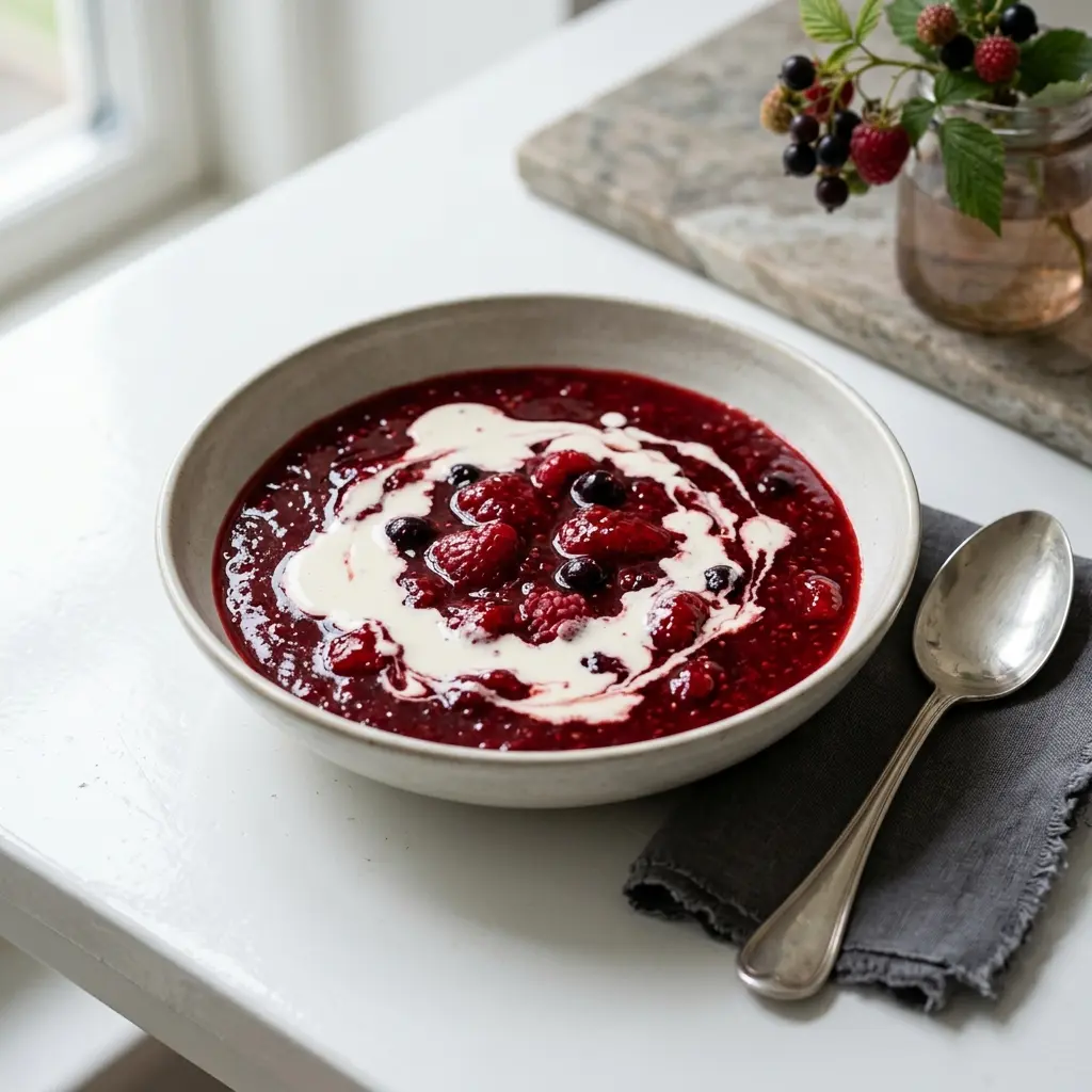 Rote Grütze mit Sahne fertig als Gericht serviert