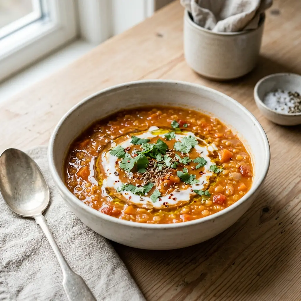 Eine warme Portion Rote Linsensuppe appetitlich serviert