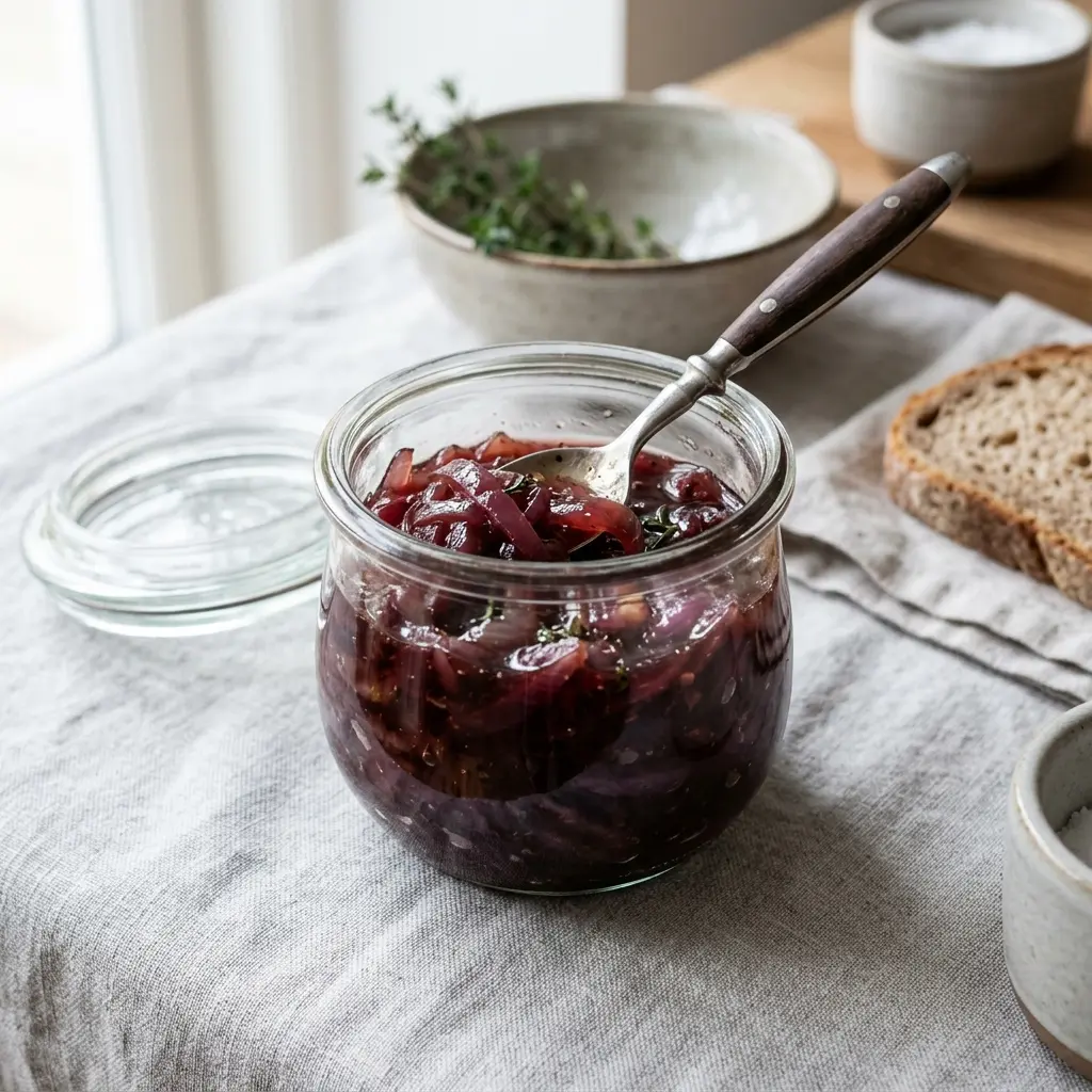 Rote-Zwiebel-Confit fertig als Gericht serviert