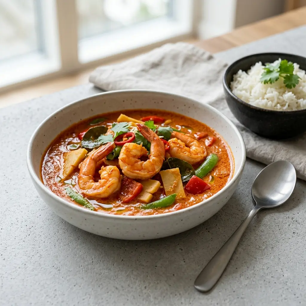 Rotes Curry mit Garnelen fertig als Gericht serviert