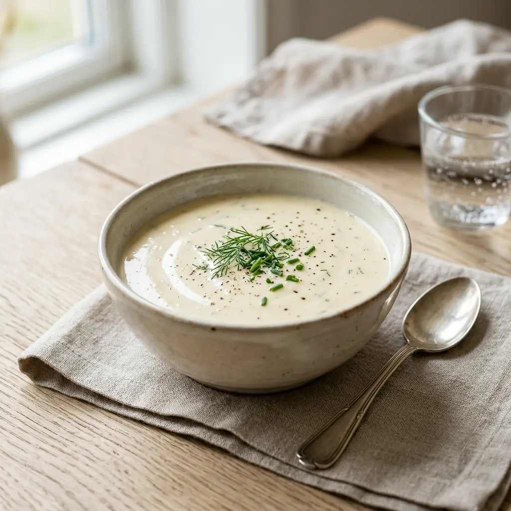 Eine Schale Sahnesauce als geschmackvolle Beilage serviert