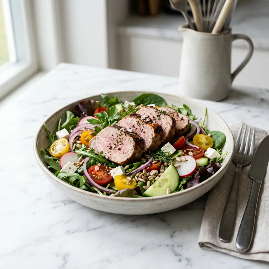 Frische Portion Salat mit Schweinefilet mit ansprechender hausgemachter Präsentation