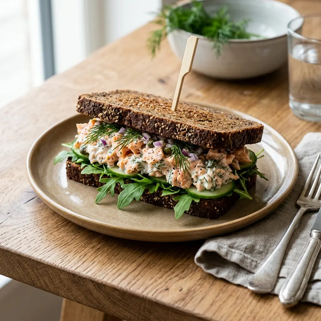 Frische Portion Sandwich mit Lachssalat mit ansprechender hausgemachter Präsentation