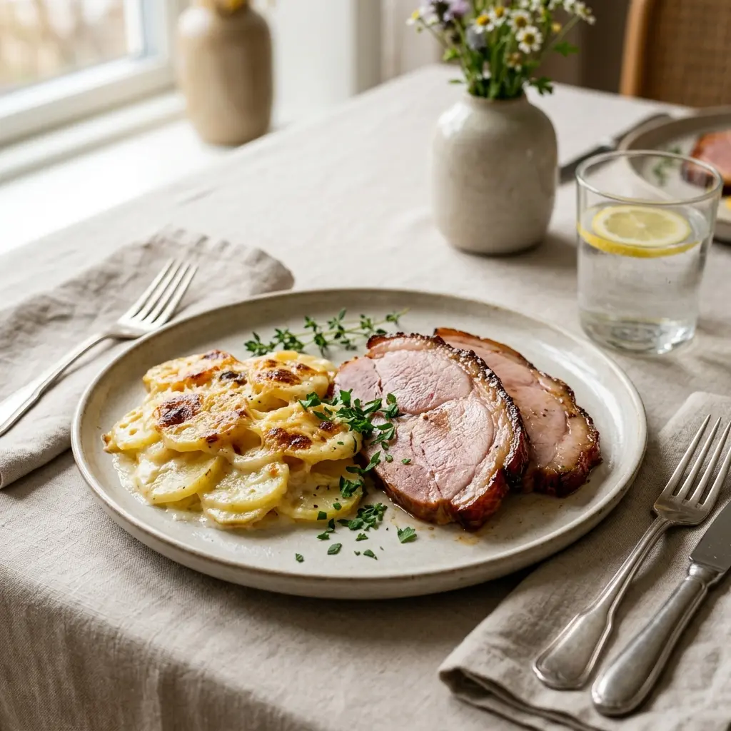 Schinken mit Kartoffelgratin fertig als Gericht serviert