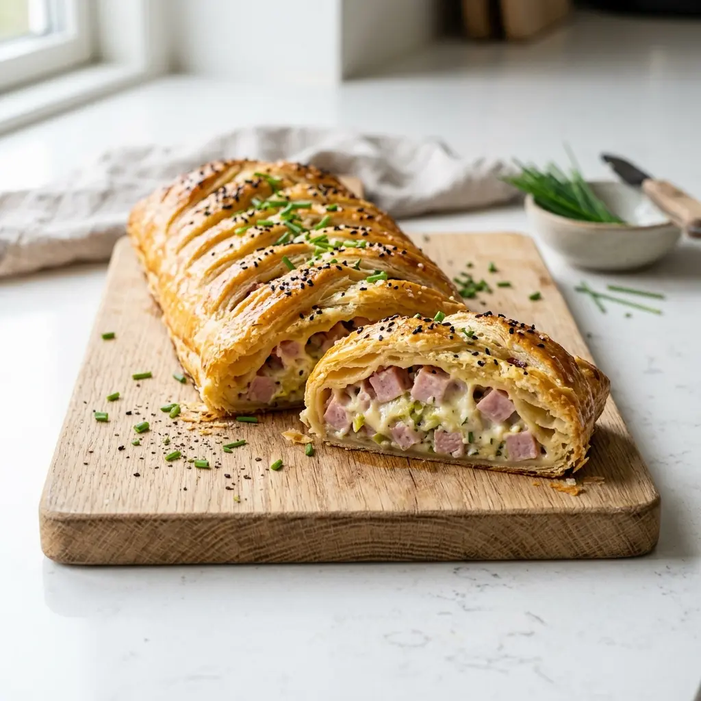 Schinkenstange mit Blätterteig fertig als Gericht serviert