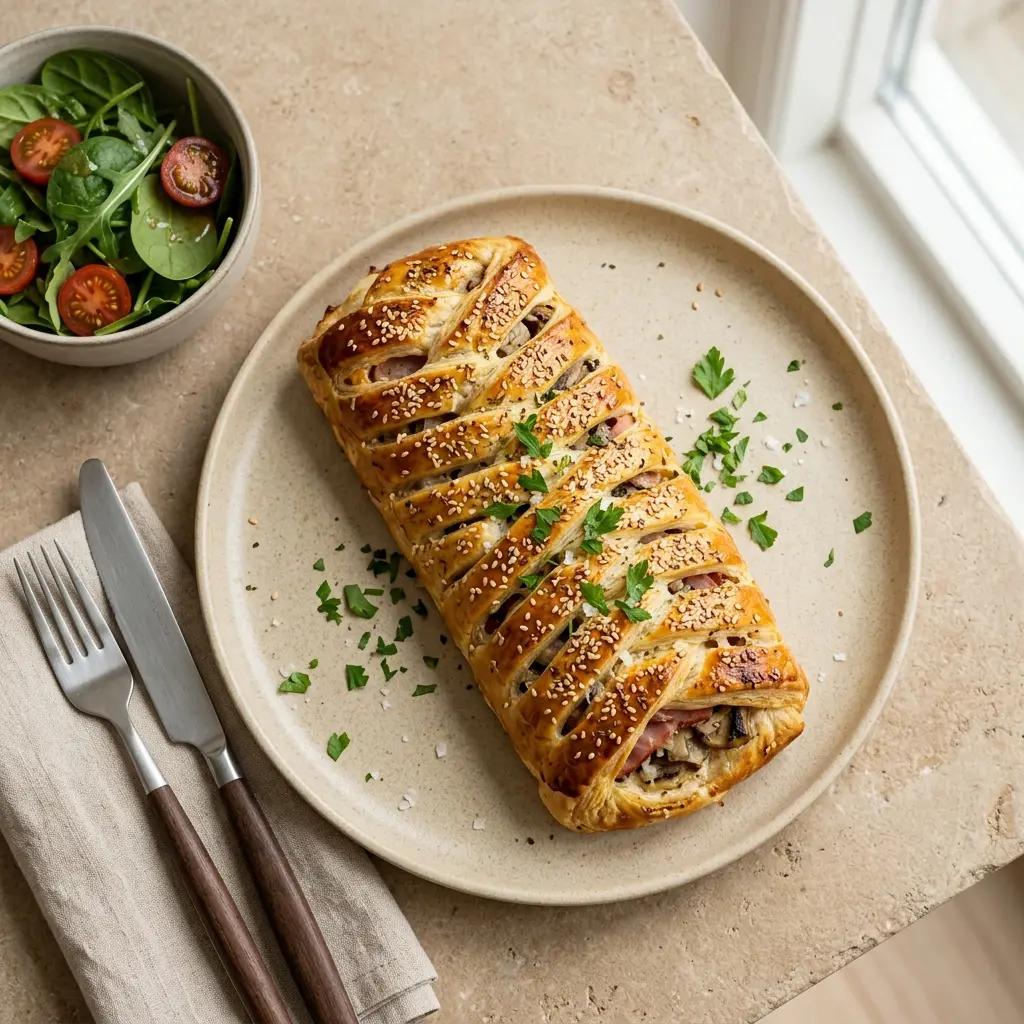 Schinkenstange mit Champignons fertig als Gericht serviert