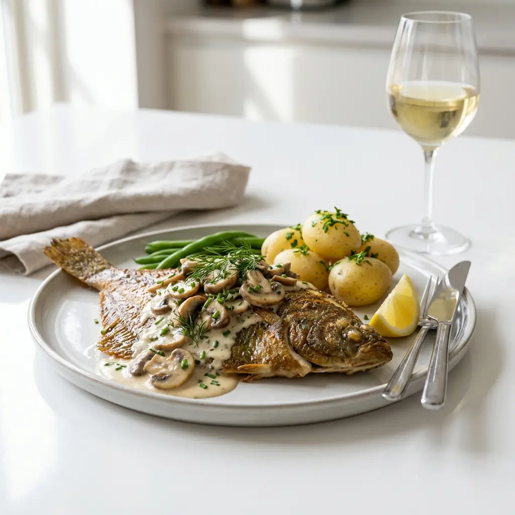 Scholle mit Champignons und Sahne fertig als Gericht serviert