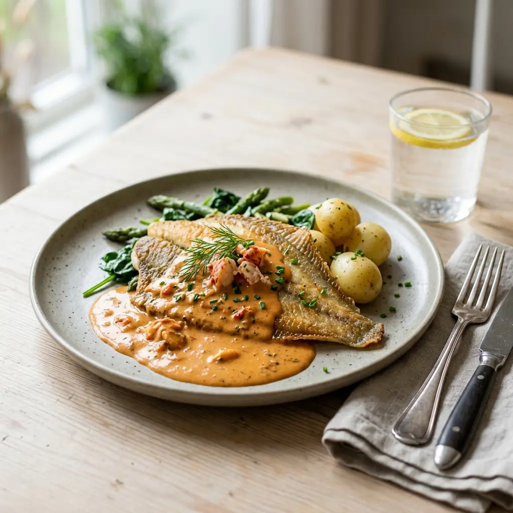 Scholle mit Hummersauce fertig als Gericht serviert
