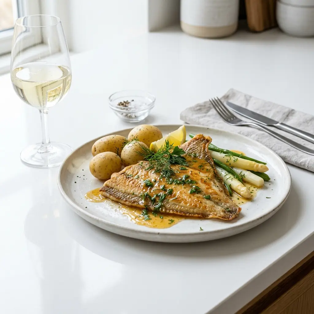 Schollenfilet mit Buttersauce fertig als Gericht serviert