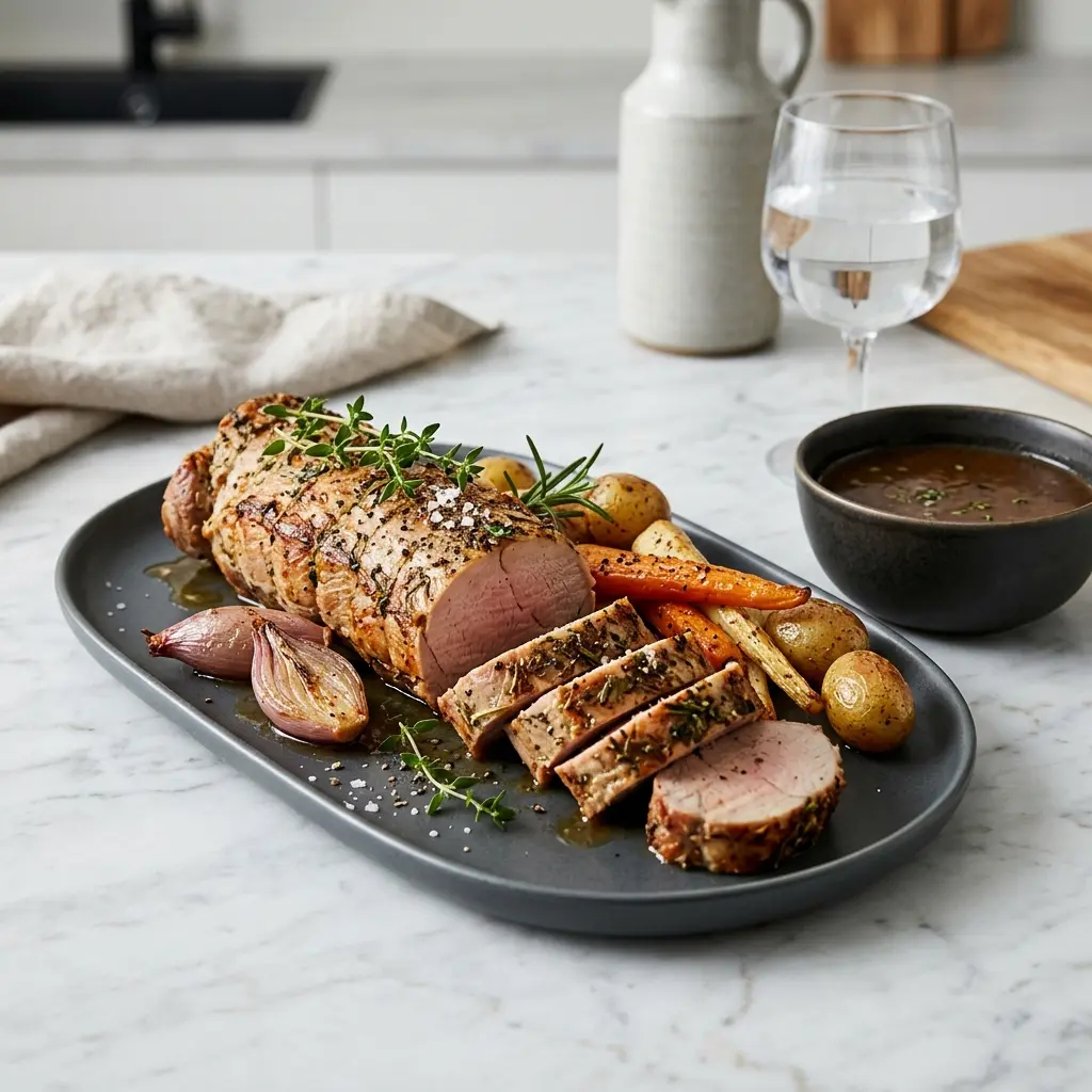 Schweinefilet aus dem Ofen fertig als Gericht serviert