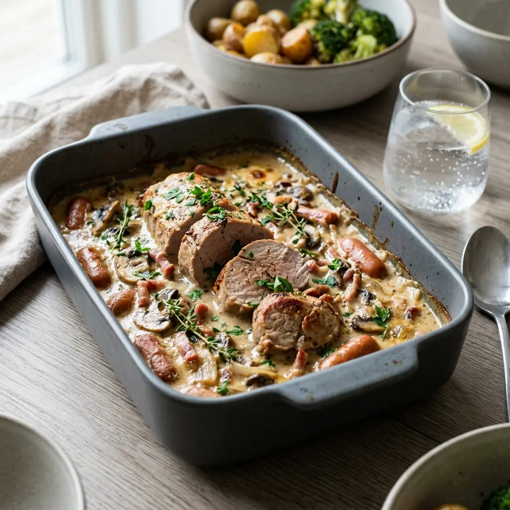 Schweinefilet aus der Auflaufform fertig als Gericht serviert