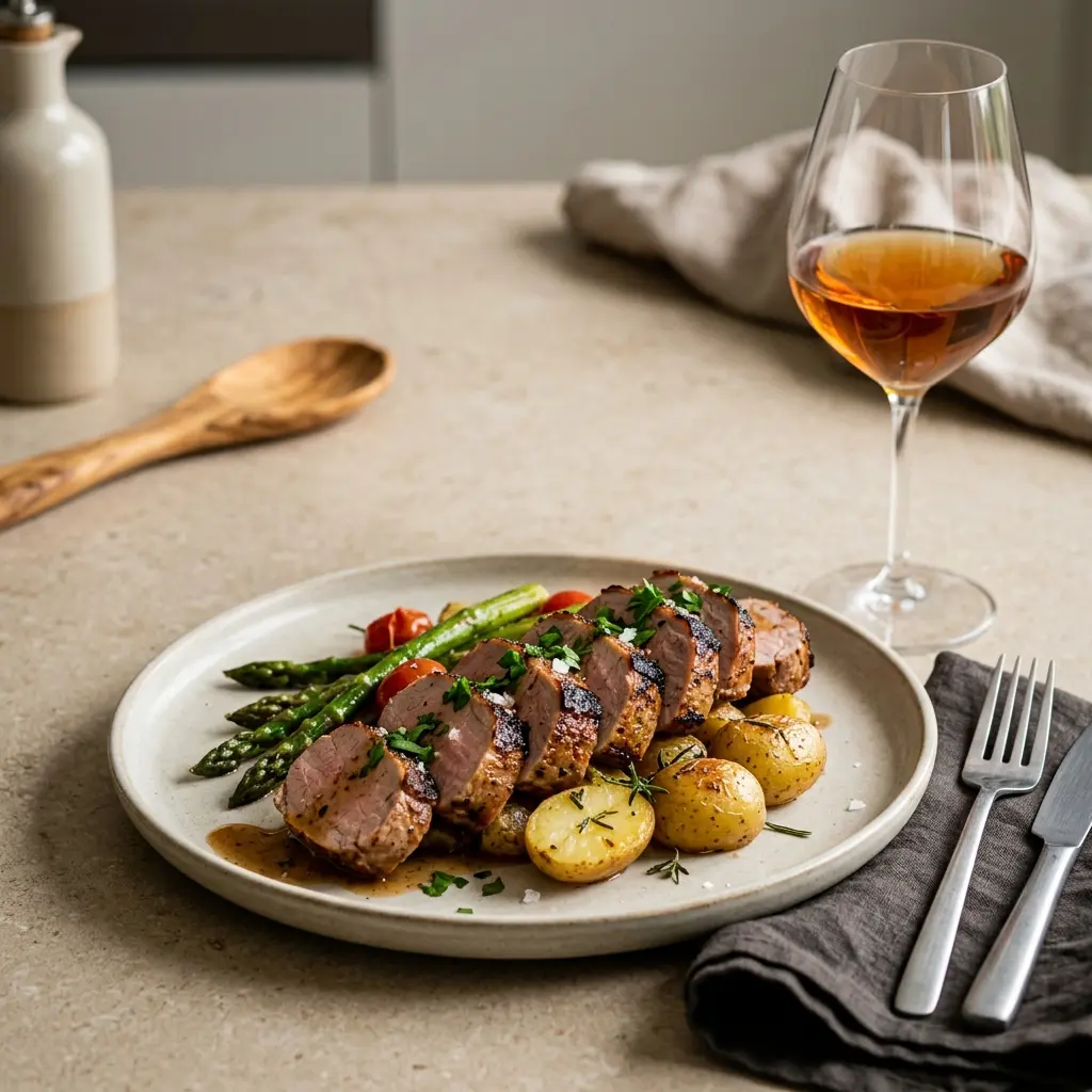 Schweinefilet aus der Pfanne fertig als Gericht serviert