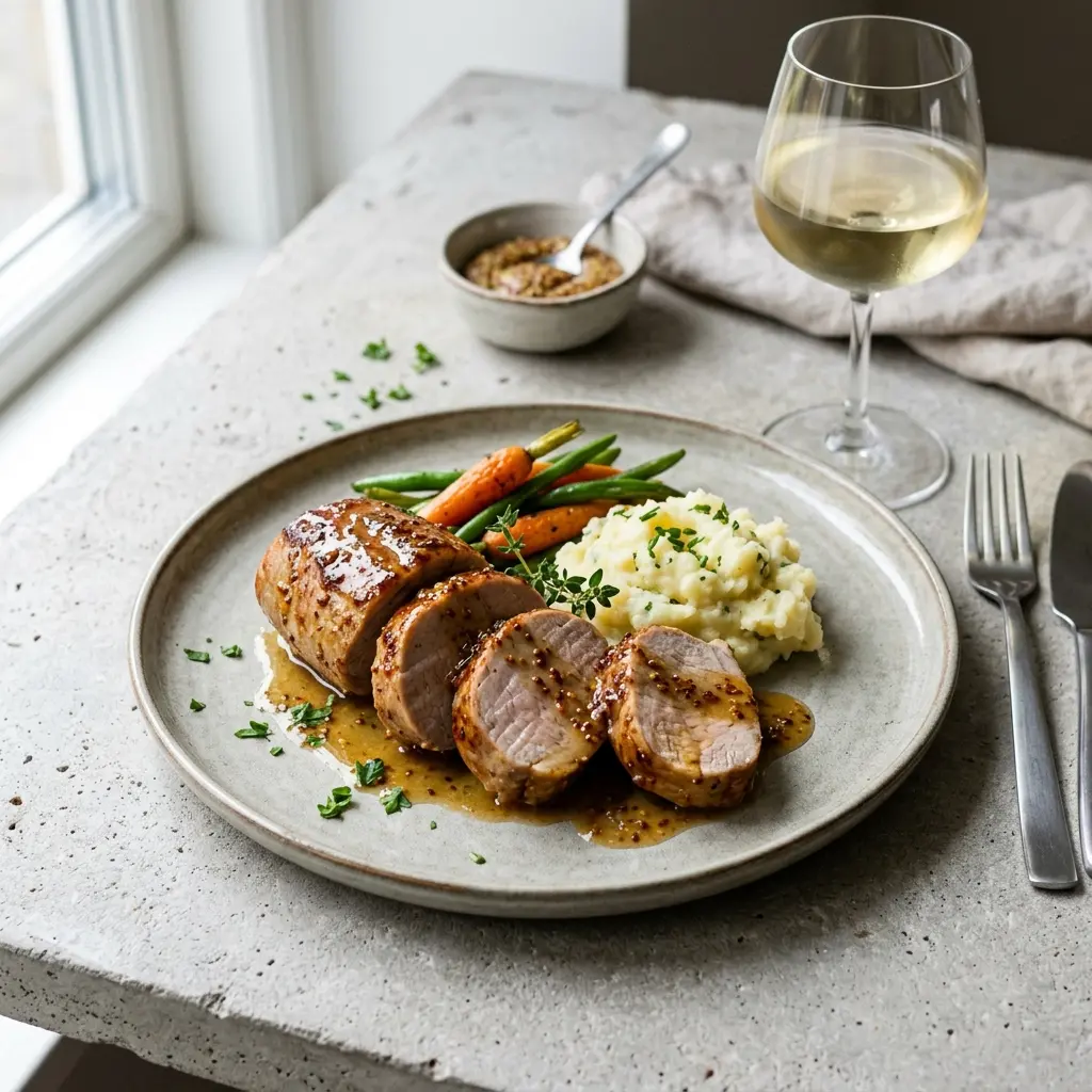 Schweinefilet mit Senf und Honig fertig als Gericht serviert