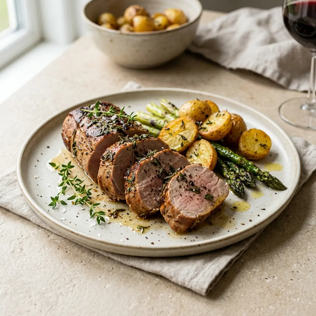 Schweinefilet mit Thymian fertig als Gericht serviert