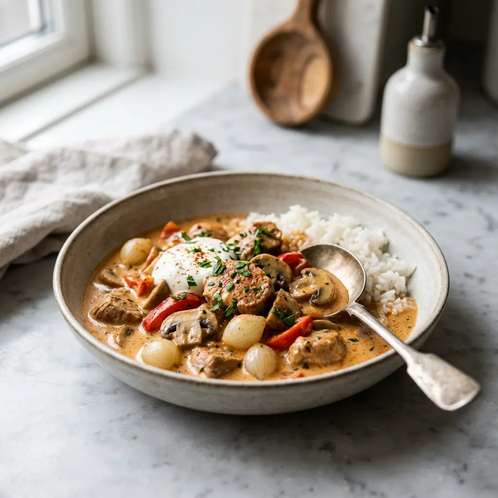 Schweinefileteintopf mit Paprika fertig als warme Suppe serviert