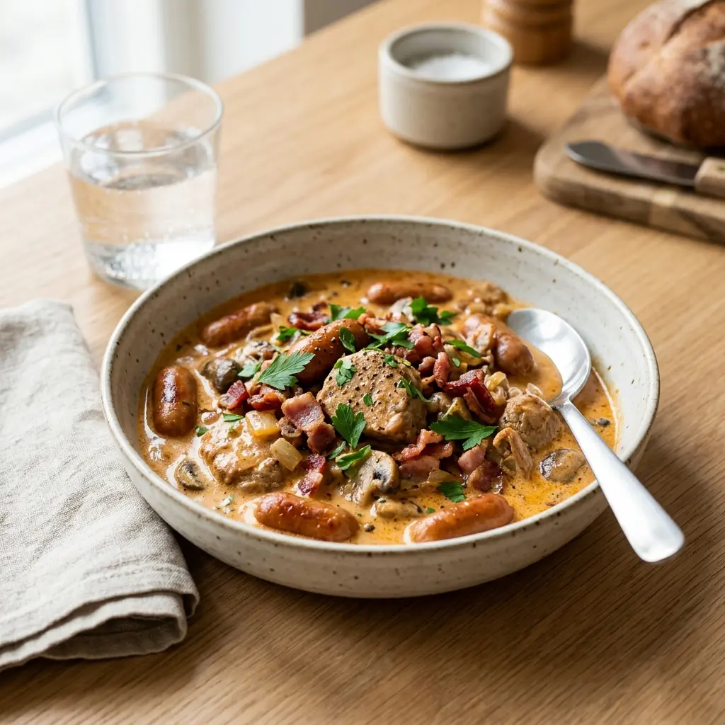 Schweinefileteintopf mit Speck und Cocktailwürstchen fertig als warme Suppe serviert