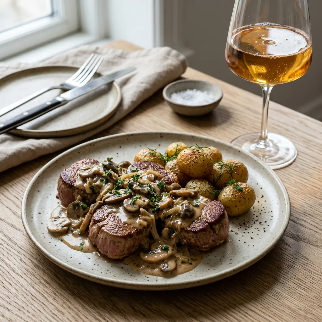 Schweinefiletmedaillons mit Champignons fertig als Gericht serviert