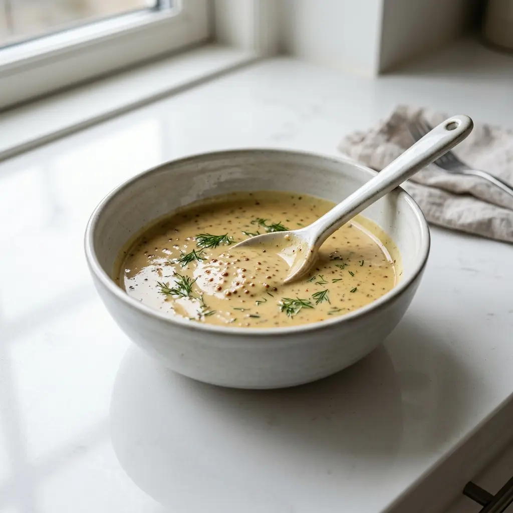 Eine Schale Senfsauce als geschmackvolle Beilage serviert