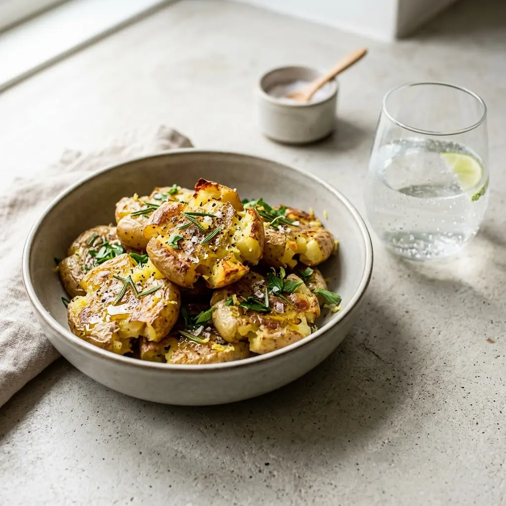 Smashed Potatoes fertig als Gericht serviert