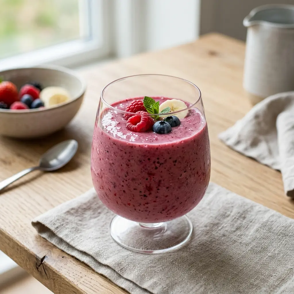 Ein Glas Smoothie mit Beeren und Banane kalt und frisch serviert