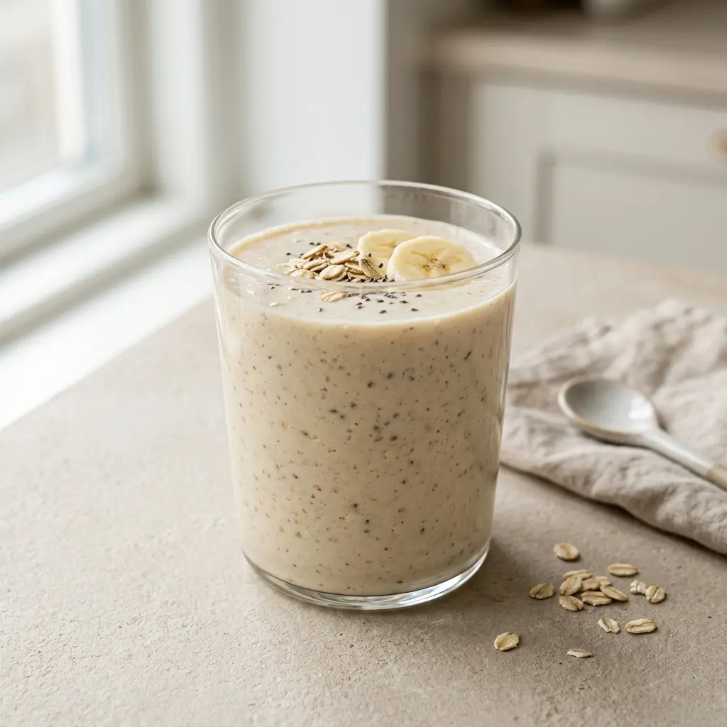Ein Glas Smoothie mit Haferflocken kalt und frisch serviert