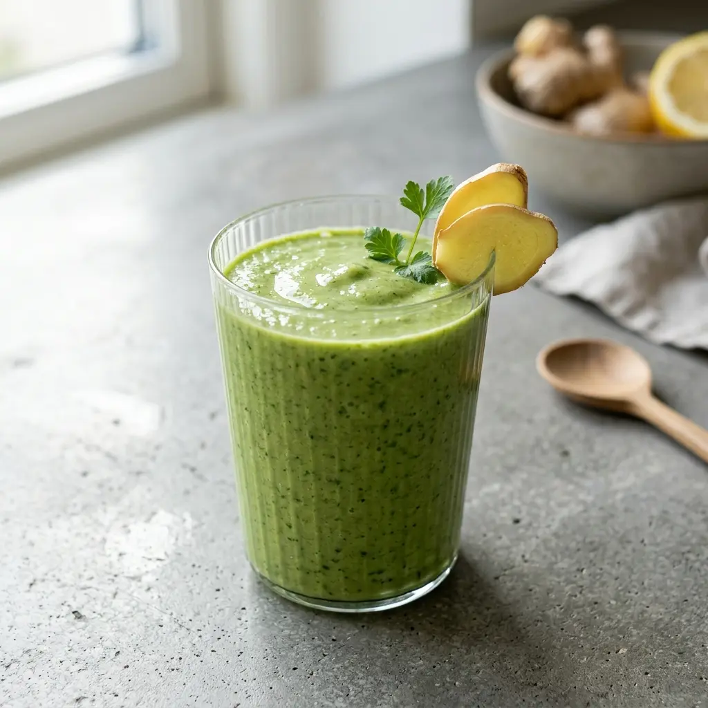 Ein Glas Smoothie mit Ingwer kalt und frisch serviert