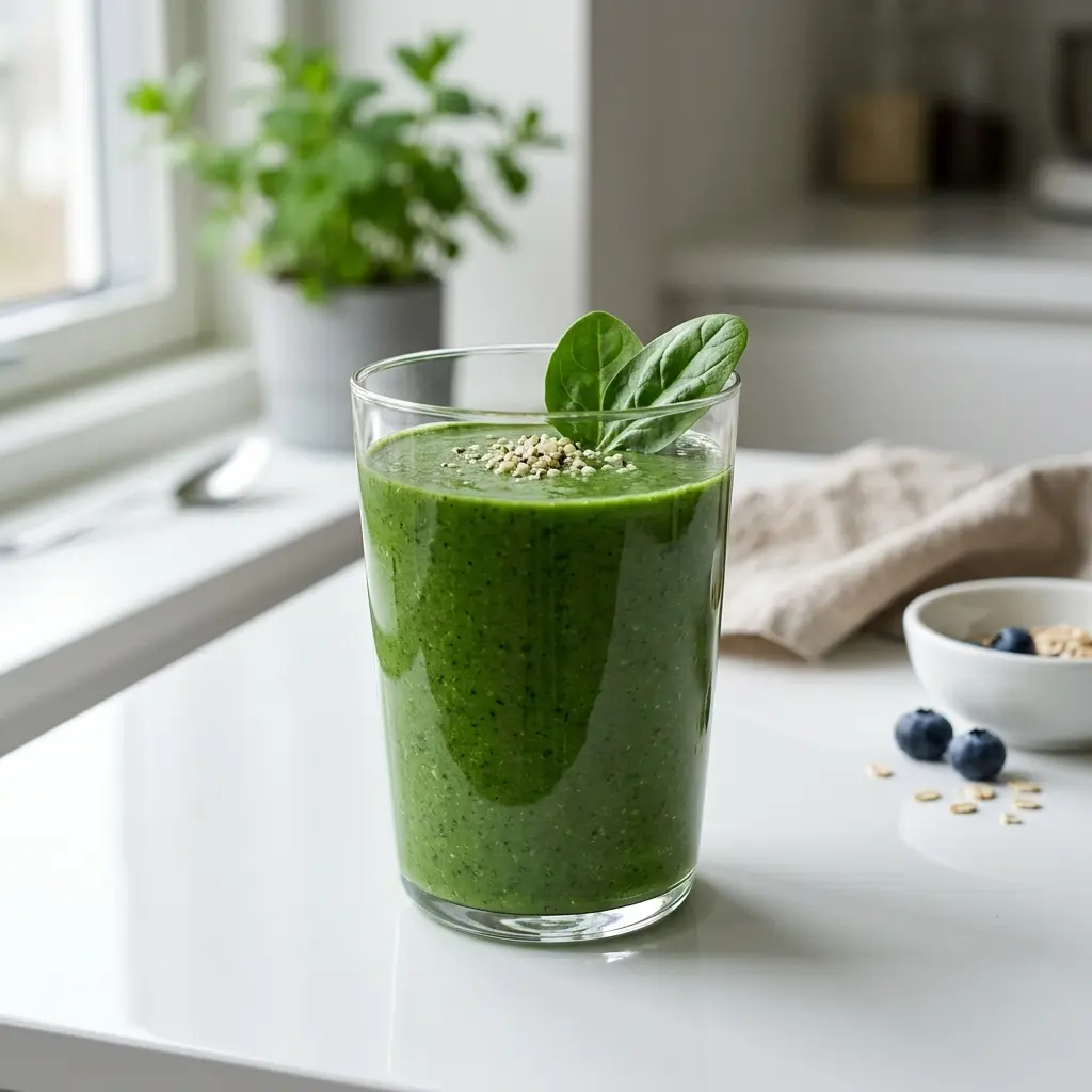 Ein Glas Smoothie mit Spinat kalt und frisch serviert