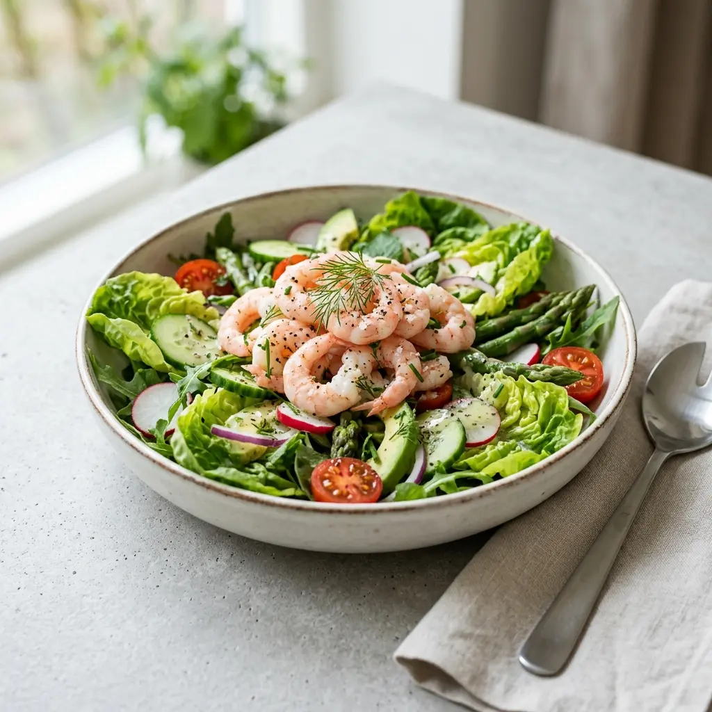 Frische Portion Sommersalat mit Garnelen mit ansprechender hausgemachter Präsentation