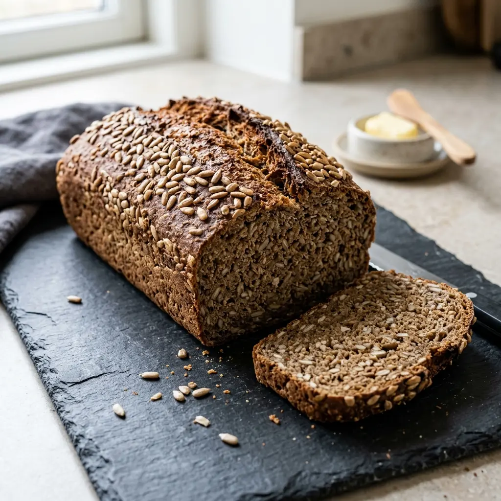 Serviervorschlag für Sonnenblumen-Roggenbrot frisch und appetitlich angerichtet