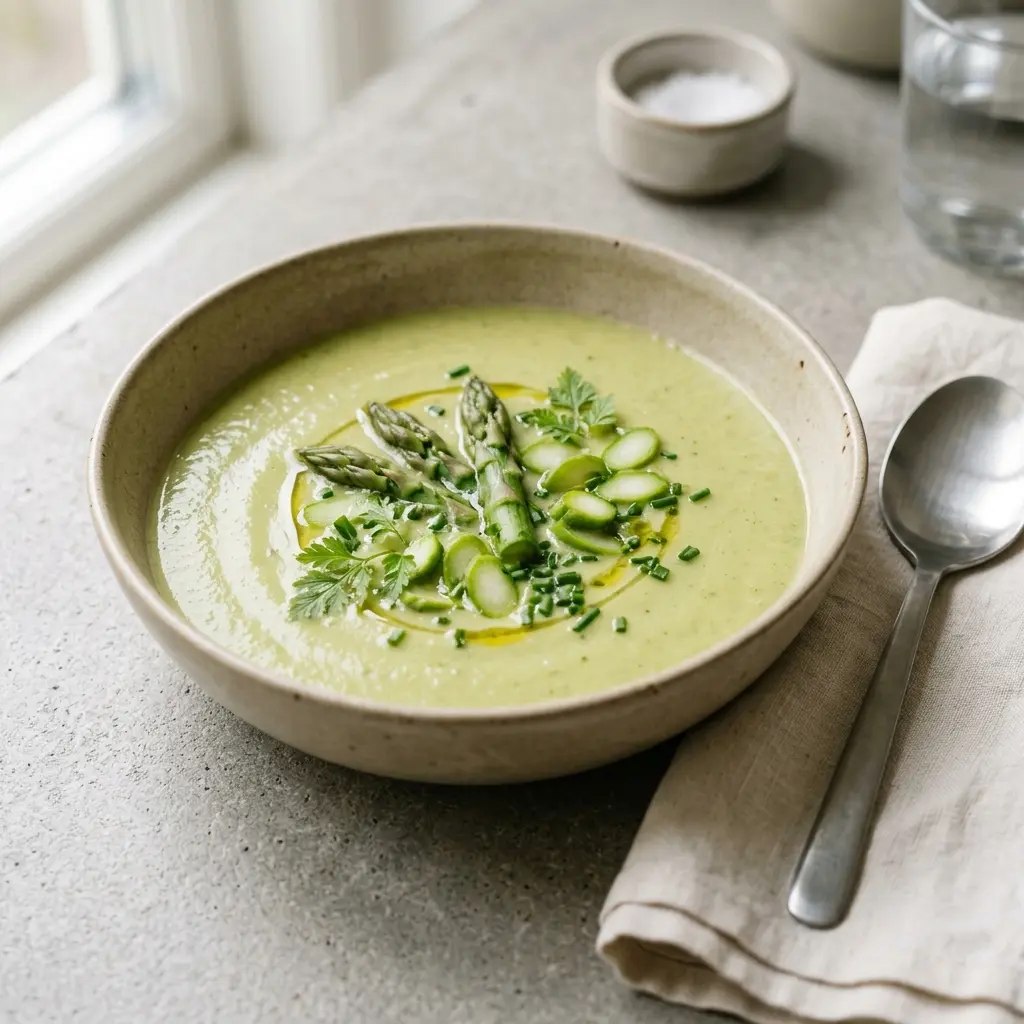Eine warme Portion Spargelsuppe appetitlich serviert