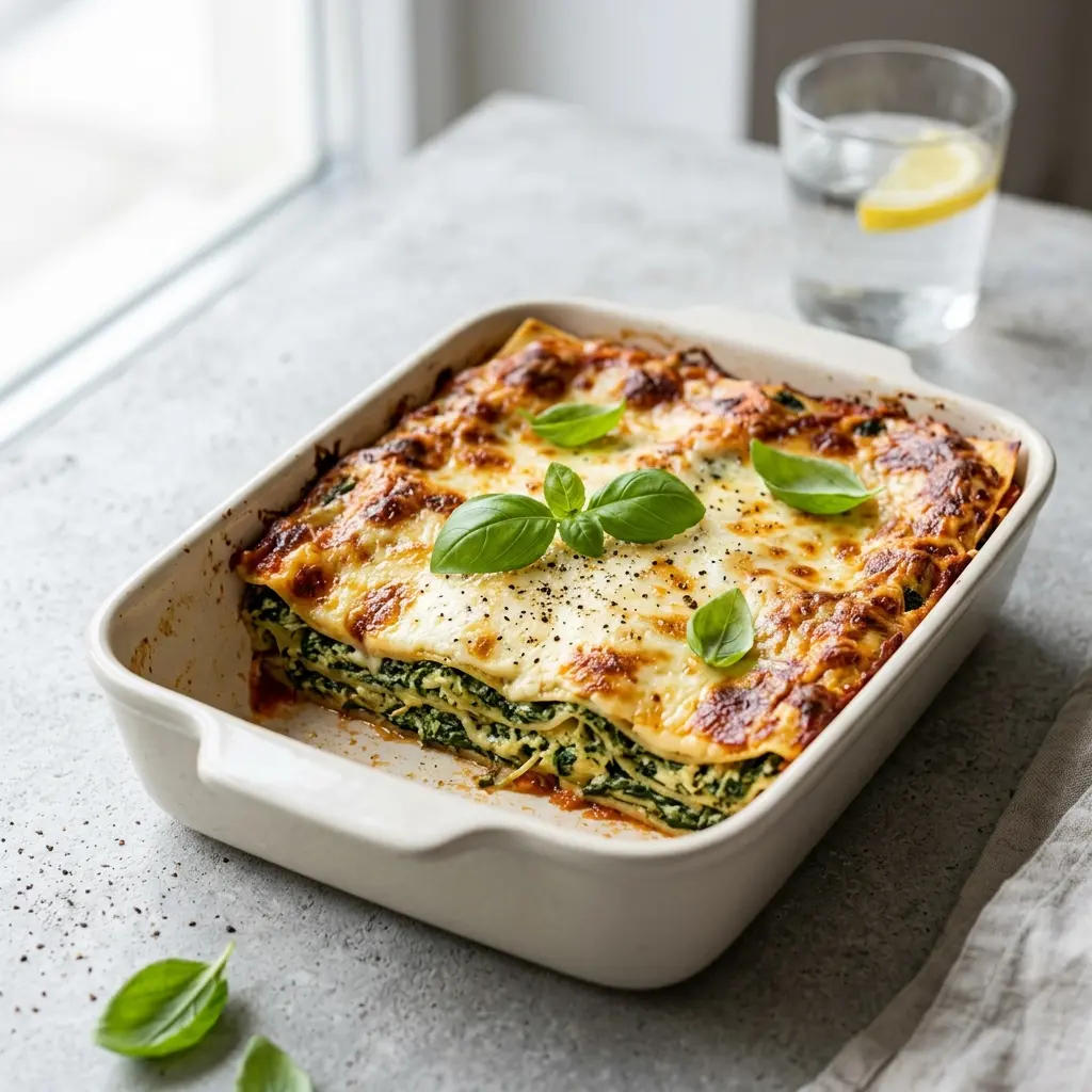 Spinatlasagne fertig als Gericht serviert