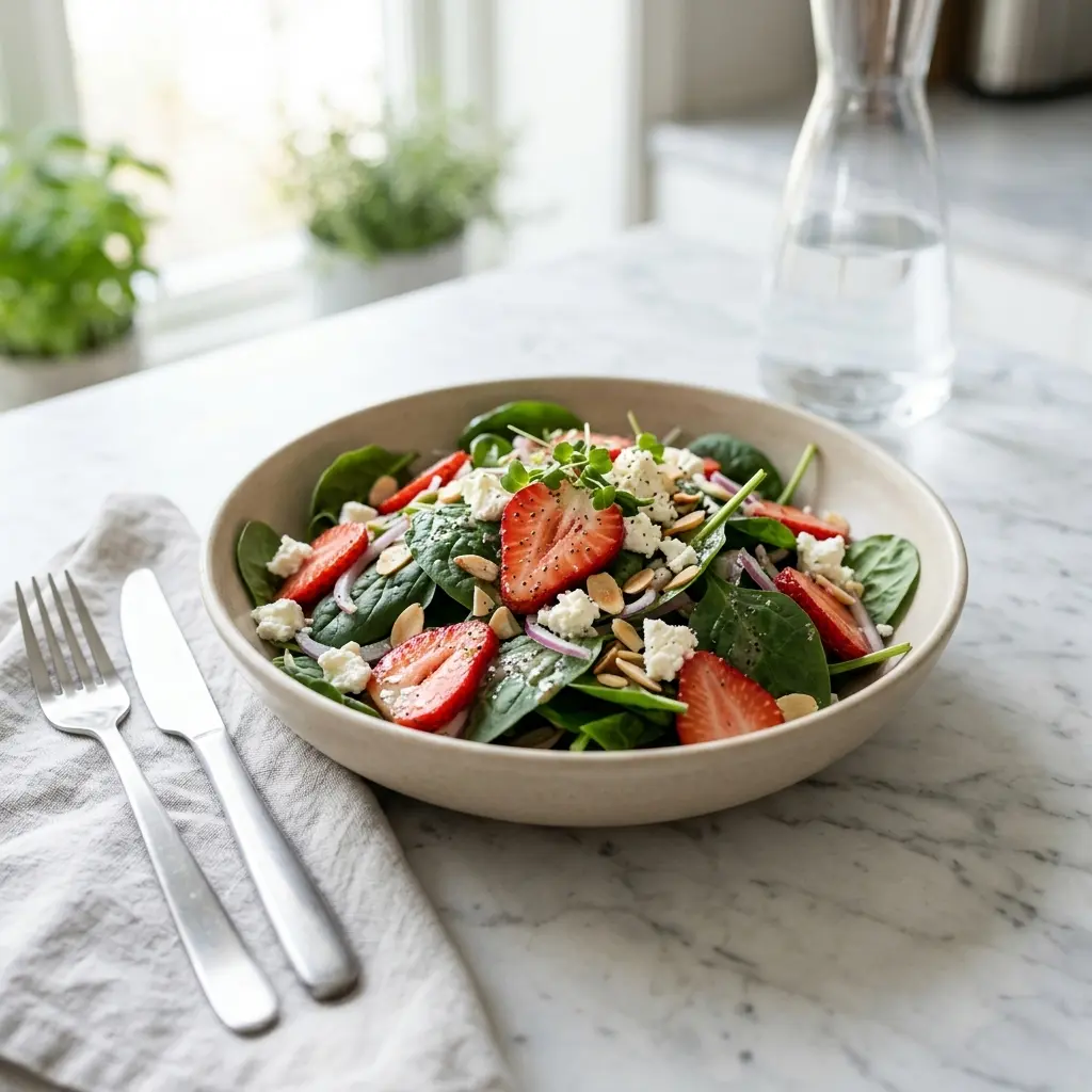 Frische Portion Spinatsalat mit Erdbeeren mit ansprechender hausgemachter Präsentation