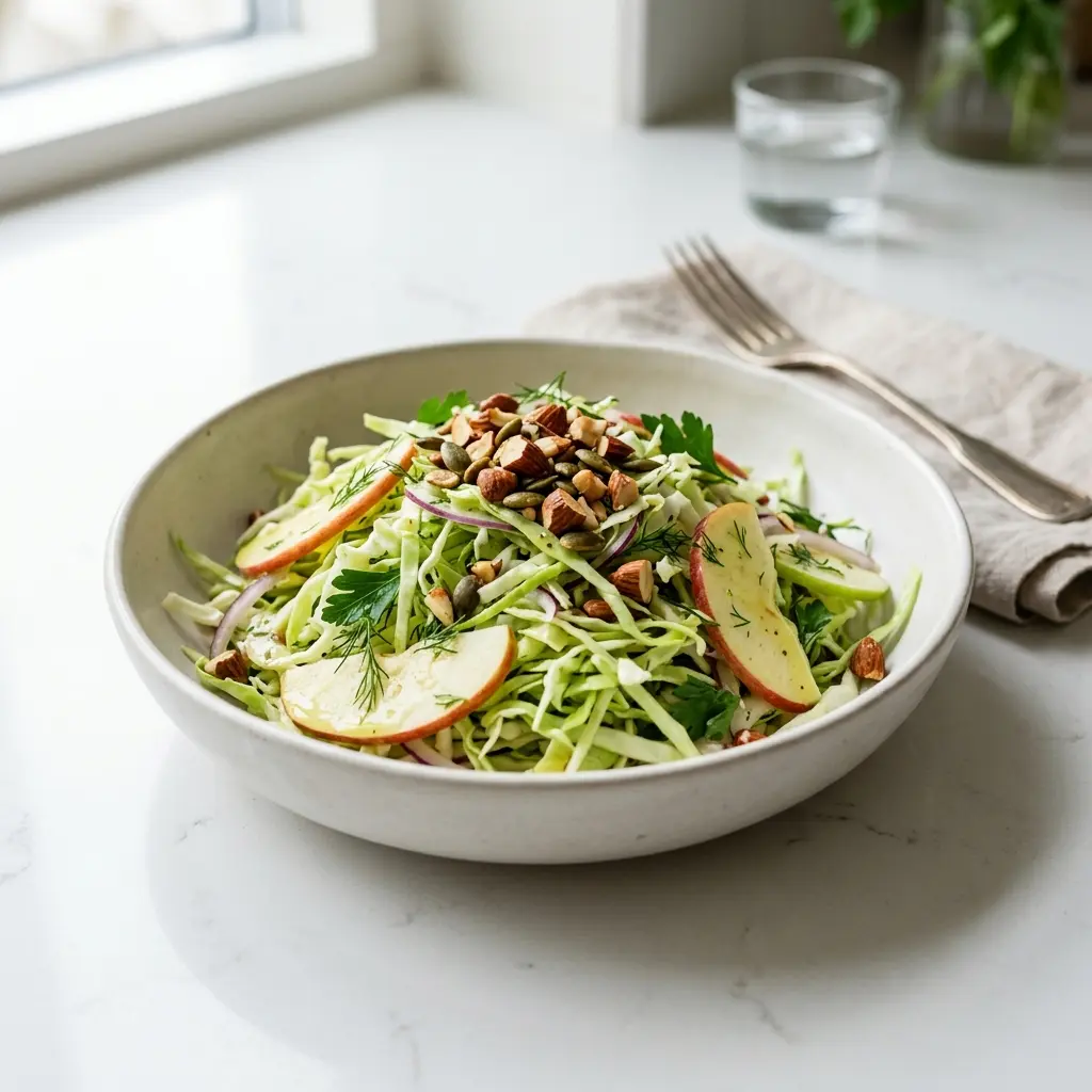 Frische Portion Spitzkohlsalat mit Apfel mit ansprechender hausgemachter Präsentation