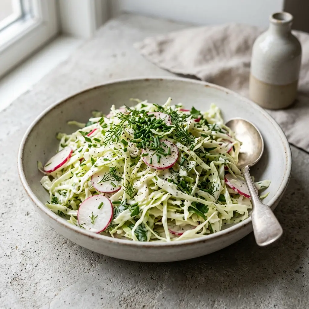 Eine Schale Spitzkohlsalat mit Oma-Dressing als geschmackvolle Beilage serviert