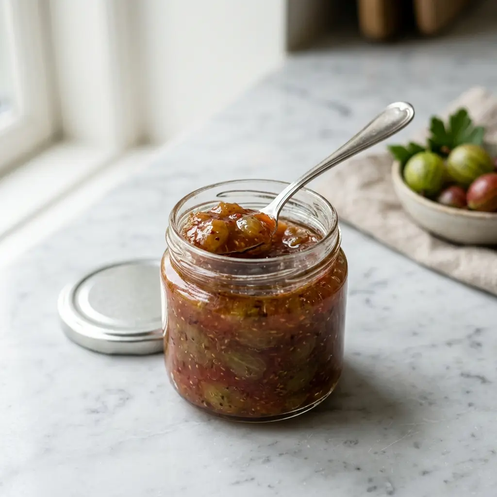Stachelbeermarmelade fertig als Dessert serviert