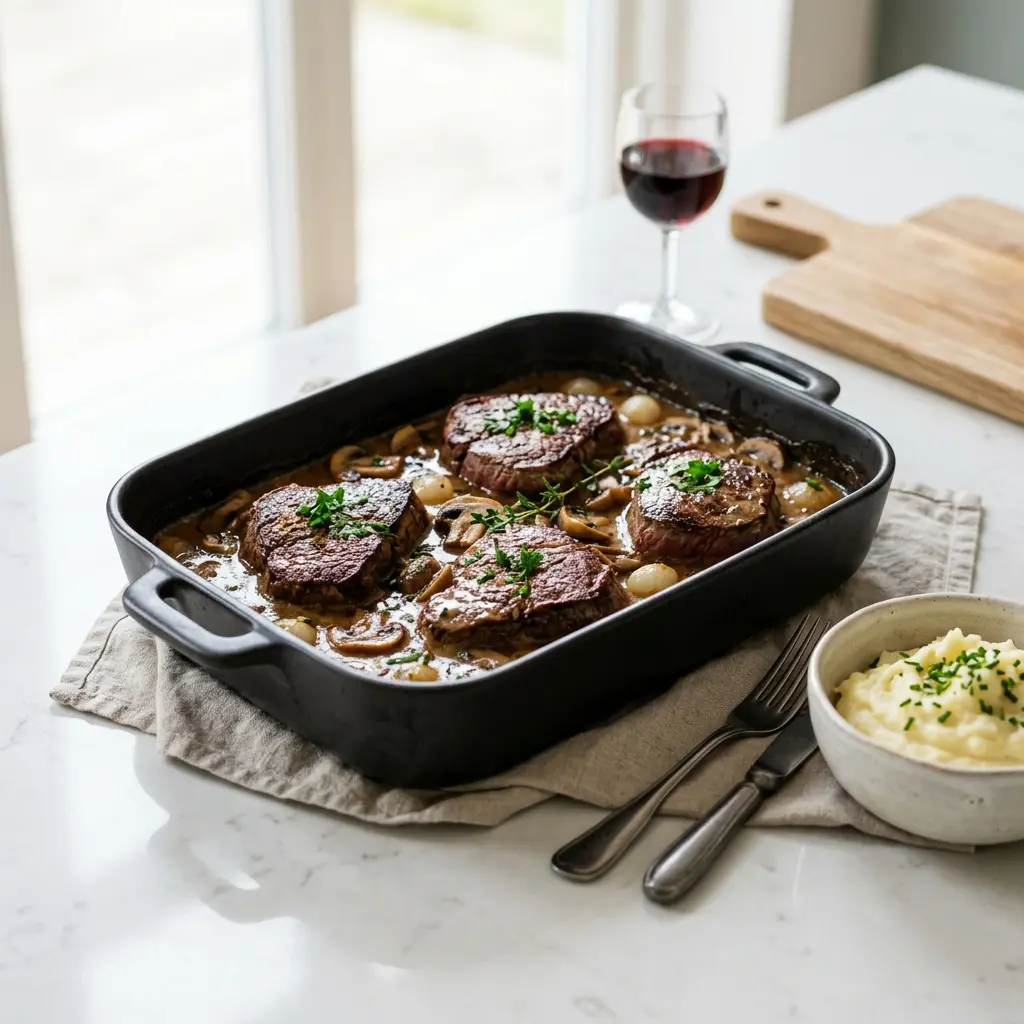 Steak aus der Auflaufform fertig als Gericht serviert