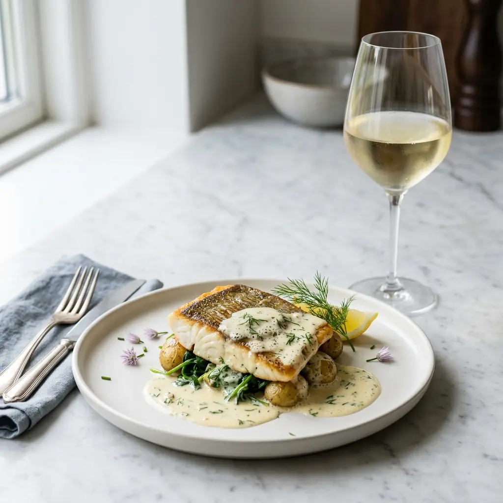 Steinbutt mit Weißweinsauce fertig als Gericht serviert