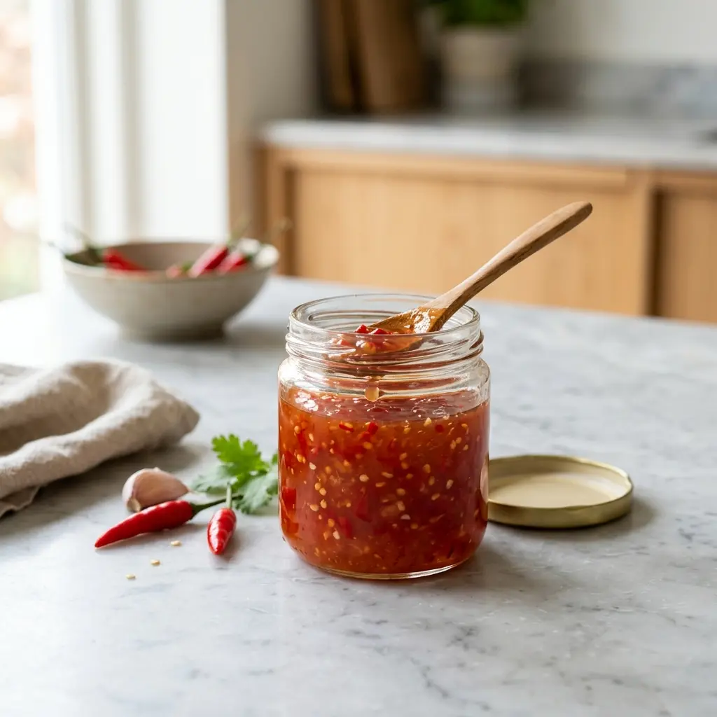 Eine Schale Süße Chilisauce als geschmackvolle Beilage serviert