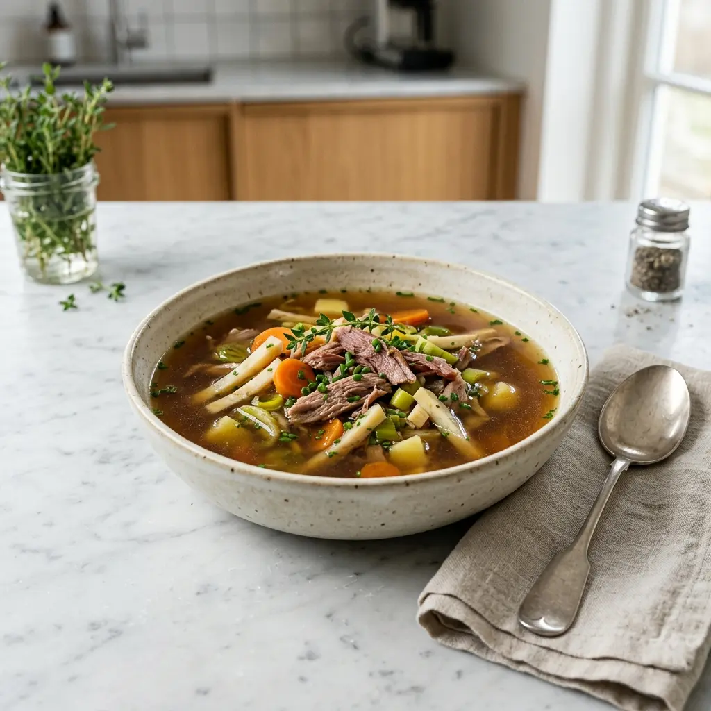 Eine warme Portion Suppe aus Entenkarkasse appetitlich serviert