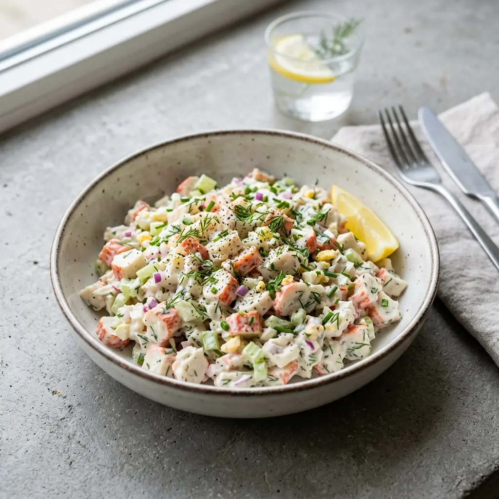 Frische Portion Surimi-Salat mit ansprechender hausgemachter Präsentation