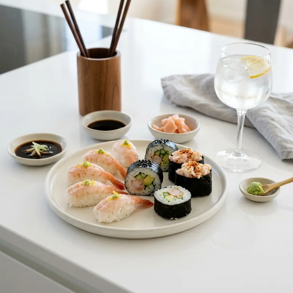 Sushi mit Garnelen fertig als Gericht serviert