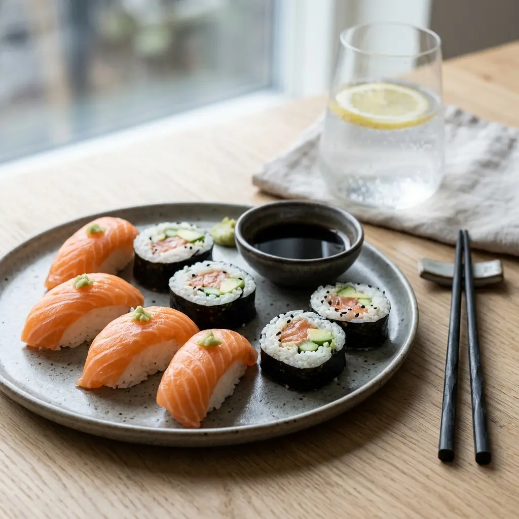 Sushi mit Lachs fertig als Gericht serviert