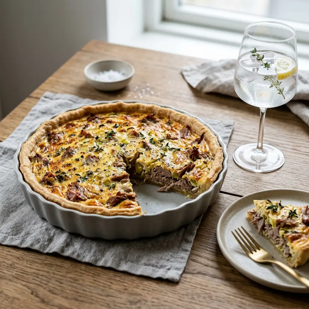 Tarte mit Ente und Lauch fertig als Gericht serviert
