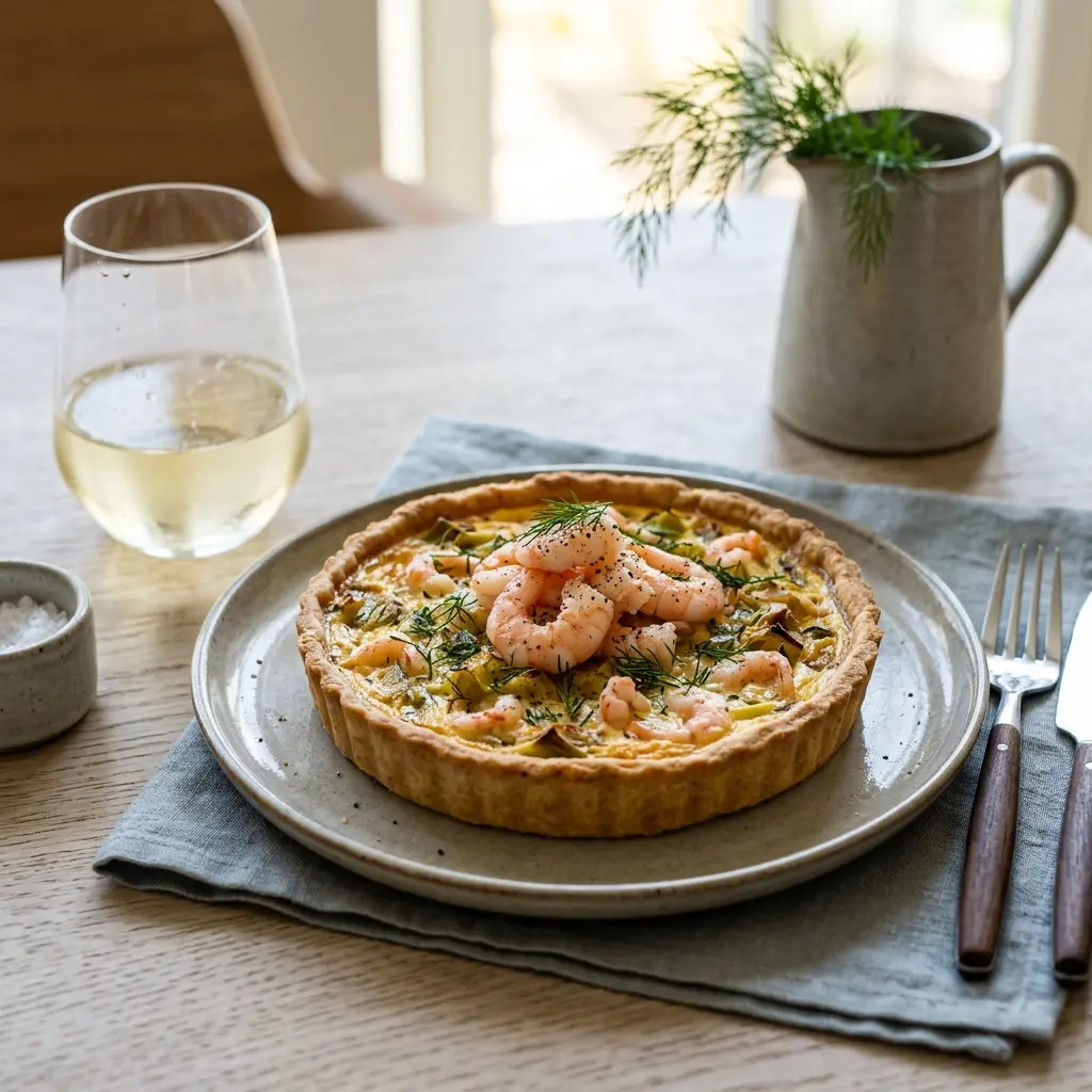 Tarte mit Garnelen und Lauch fertig als Gericht serviert